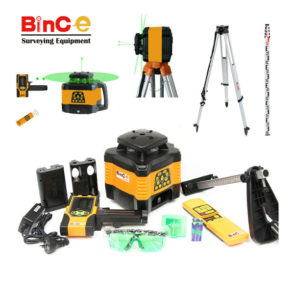 Green Beam Rotating Rotary Laser Level Dual Axis Grade Leveling &Tripod &Staff