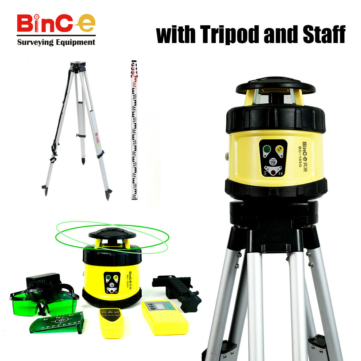 Electronic Leveling Rotating Rotary Laser Level Green &R/C Detecter Tripod Staff