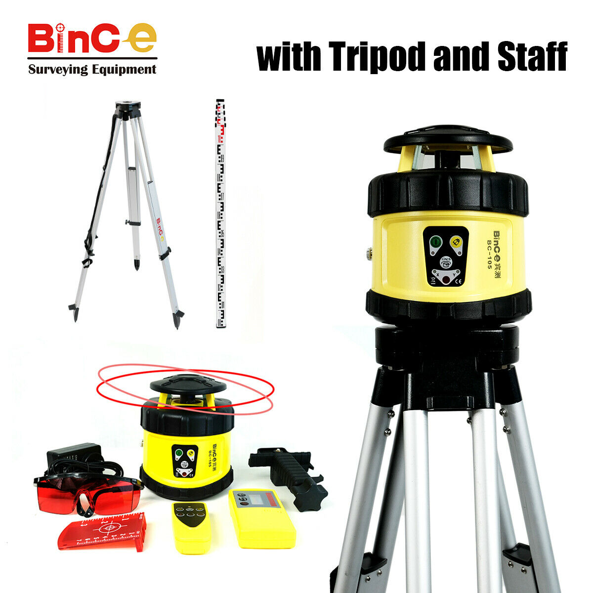 Electronic Leveling Rotating Rotary Laser Level Red w R/C Detecter Tripod Staff