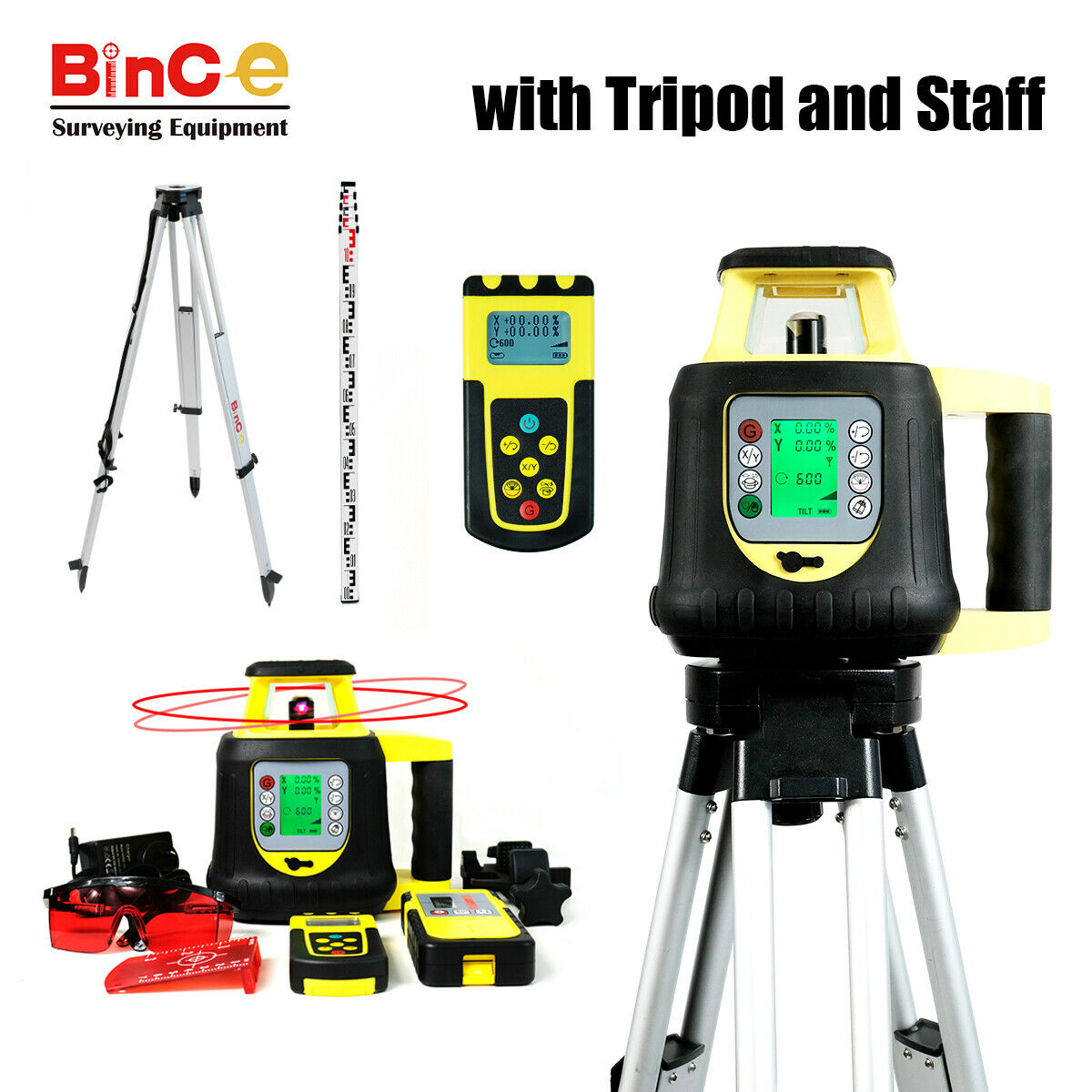 Red Electronic Leveling Rotating Rotary Laser Level w R/C Detecter Tripod Staff