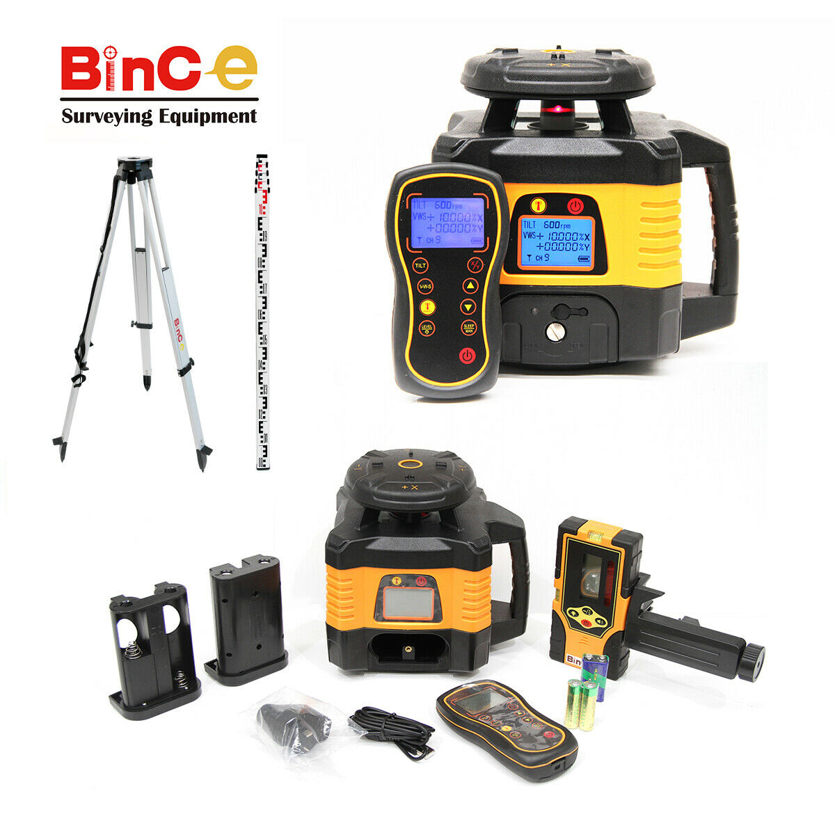 Rotary Laser Level Dual Axis Grade Leveling Rotating LCD Remote & Tripod & Staff