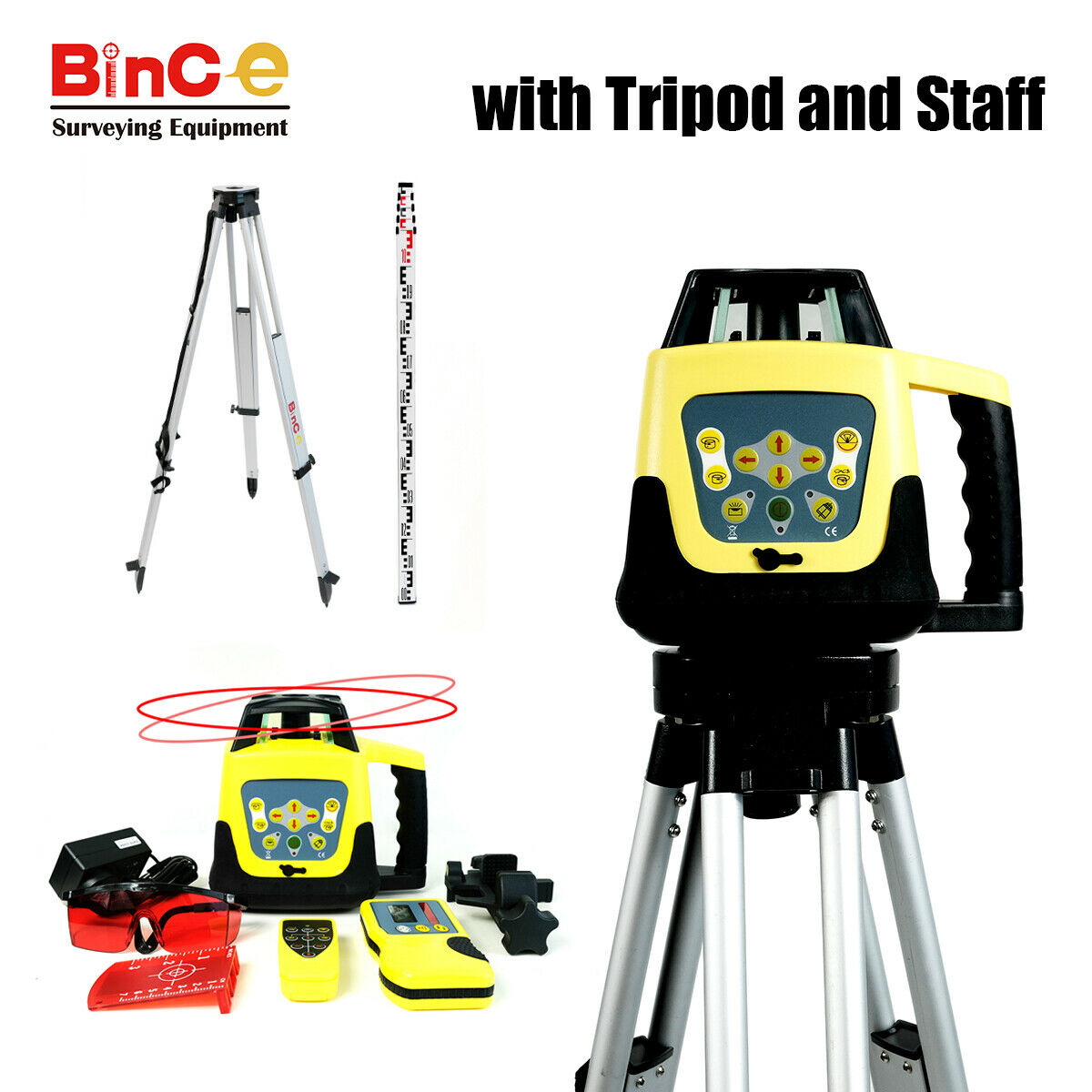 Electronic Leveling Red Rotating Rotary Laser Level w R/C Detecter Tripod Staff