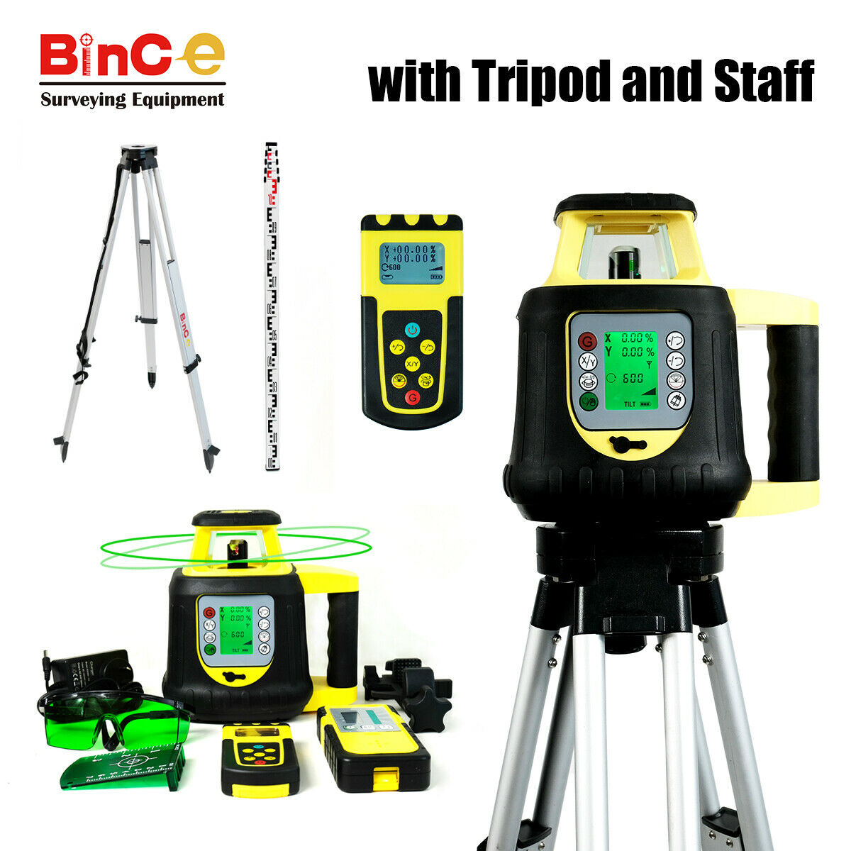 Green Electronic Leveling Rotating Rotary Laser Level &R/C Detecter Tripod Staff